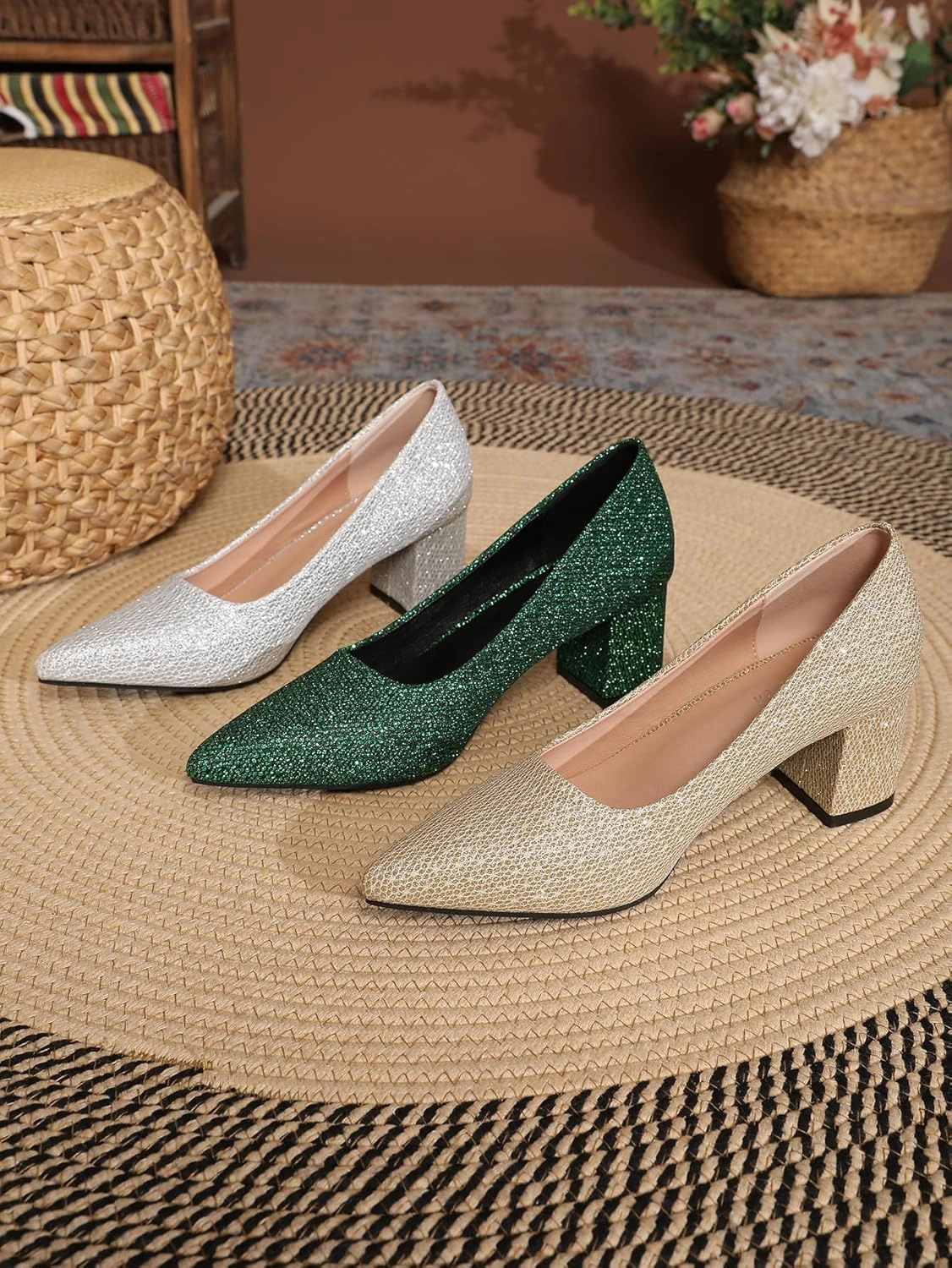 Women's Glitter Slip On Low Block Pumps Closed Pointed Toe Silver Gold Dress Chunky Heels with Bow for Woman Comfortable Wedding Prom Dating Pumps Shoes 2.36"