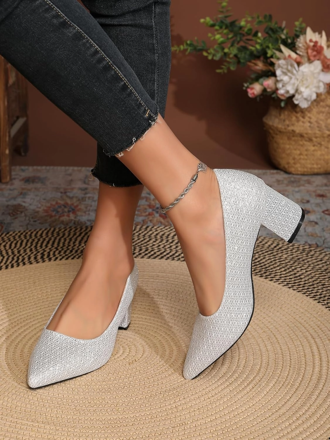 Women's Glitter Slip On Low Block Pumps Closed Pointed Toe Silver Gold Dress Chunky Heels with Bow for Woman Comfortable Wedding Prom Dating Pumps Shoes 2.36"