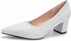 Women's Glitter Slip On Low Block Pumps Closed Pointed Toe Silver Gold Dress Chunky Heels with Bow for Woman Comfortable Wedding Prom Dating Pumps Shoes 2.36"