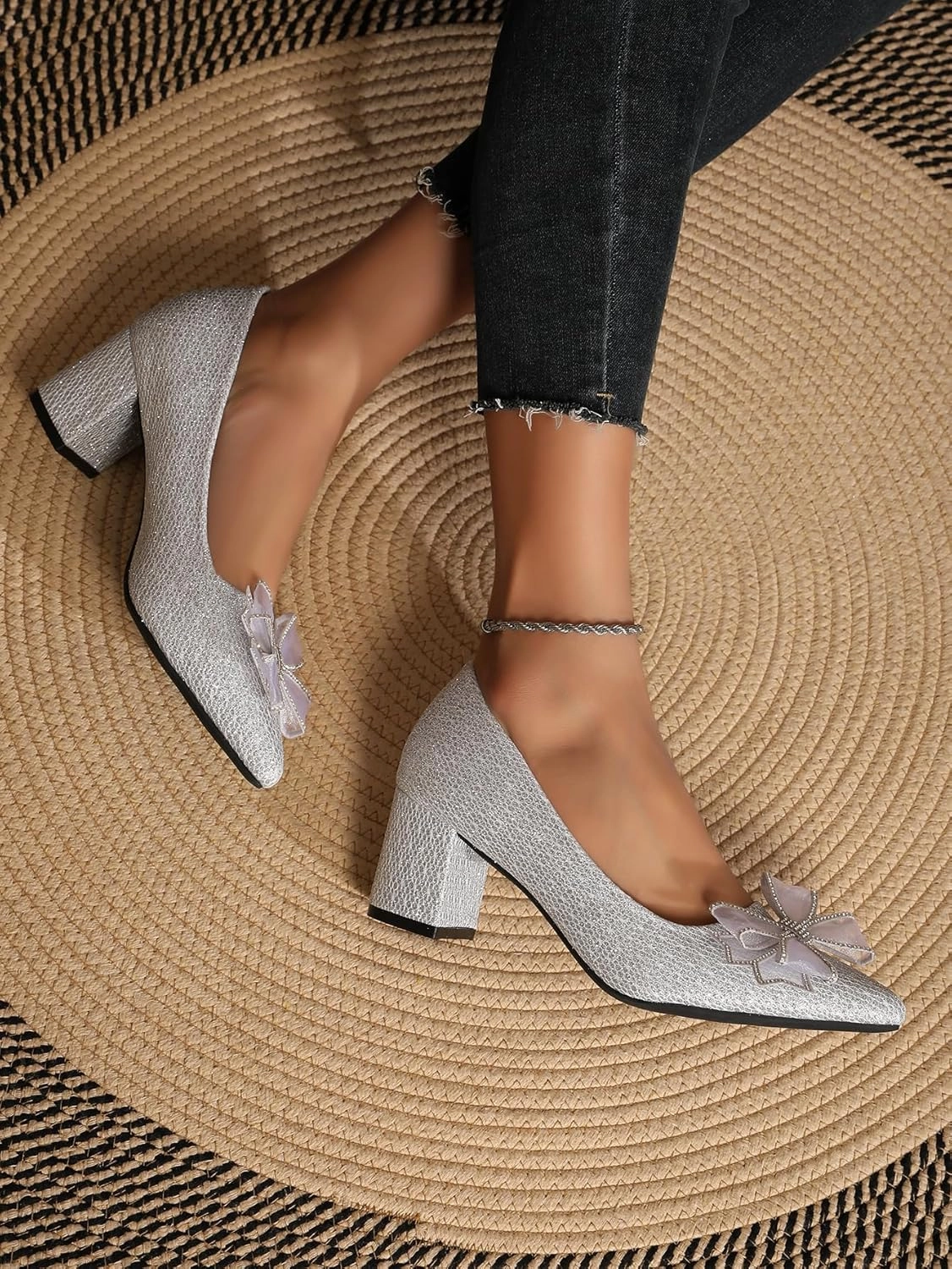 Women's Glitter Slip On Low Block Pumps Closed Pointed Toe Silver Gold Dress Chunky Heels with Bow for Woman Comfortable Wedding Prom Dating Pumps Shoes 2.36"