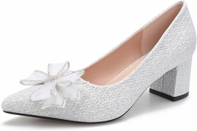 Women's Glitter Slip On Low Block Pumps Closed Pointed Toe Silver Gold Dress Chunky Heels with Bow for Woman Comfortable Wedding Prom Dating Pumps Shoes 2.36"