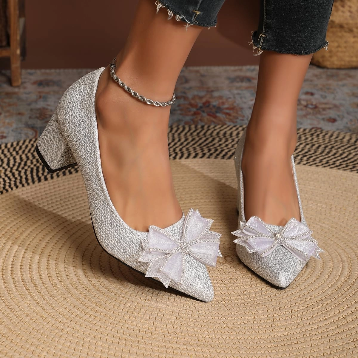 Women's Glitter Slip On Low Block Pumps Closed Pointed Toe Silver Gold Dress Chunky Heels with Bow for Woman Comfortable Wedding Prom Dating Pumps Shoes 2.36"