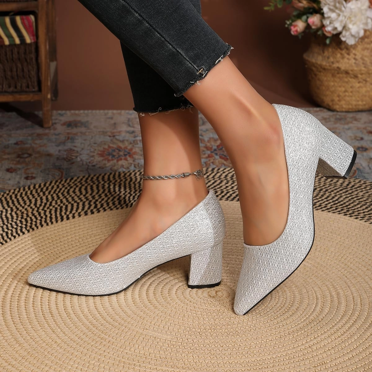 Women's Glitter Slip On Low Block Pumps Closed Pointed Toe Silver Gold Dress Chunky Heels with Bow for Woman Comfortable Wedding Prom Dating Pumps Shoes 2.36"