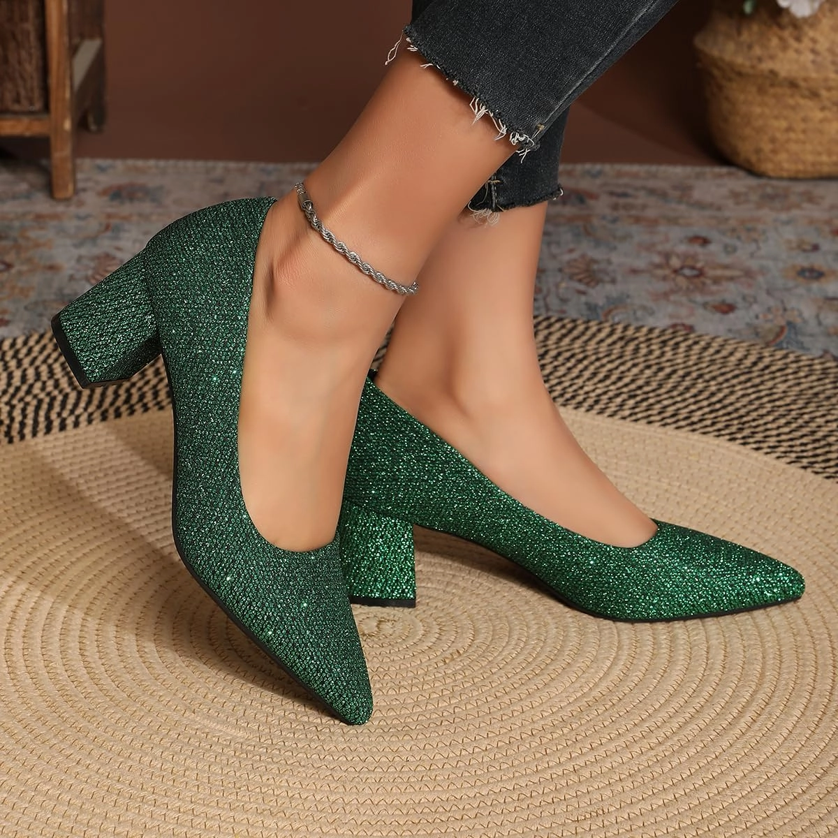 Women's Glitter Slip On Low Block Pumps Closed Pointed Toe Silver Gold Dress Chunky Heels with Bow for Woman Comfortable Wedding Prom Dating Pumps Shoes 2.36"
