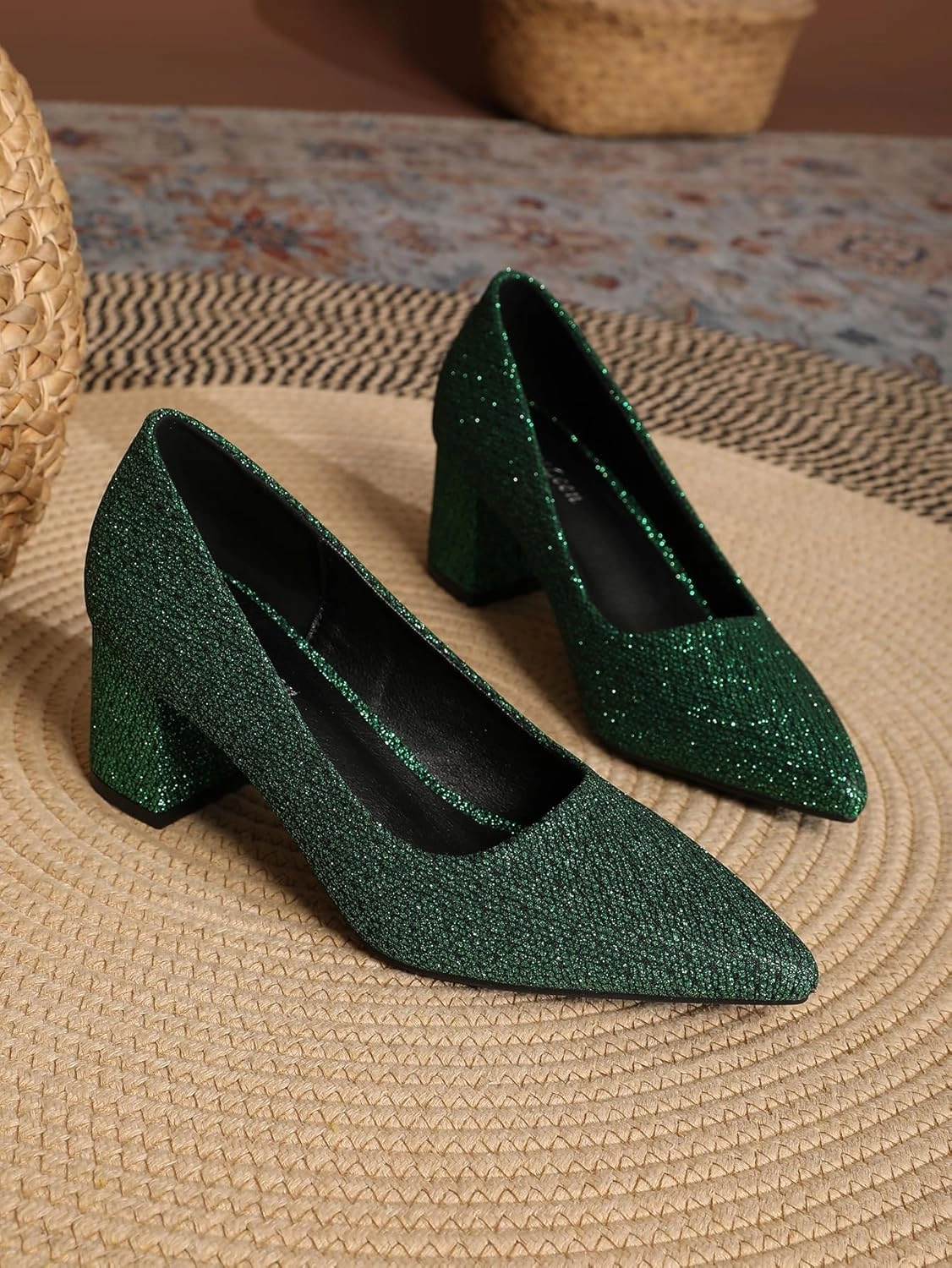 Women's Glitter Slip On Low Block Pumps Closed Pointed Toe Silver Gold Dress Chunky Heels with Bow for Woman Comfortable Wedding Prom Dating Pumps Shoes 2.36"