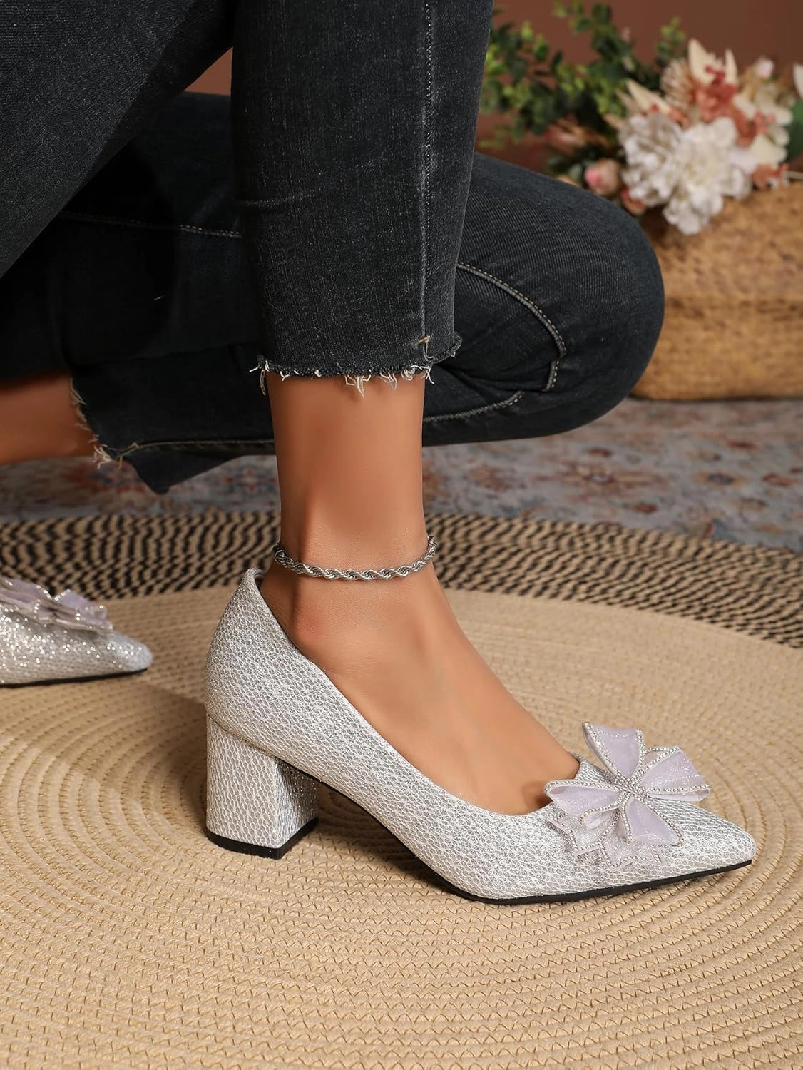 Women's Glitter Slip On Low Block Pumps Closed Pointed Toe Silver Gold Dress Chunky Heels with Bow for Woman Comfortable Wedding Prom Dating Pumps Shoes 2.36"