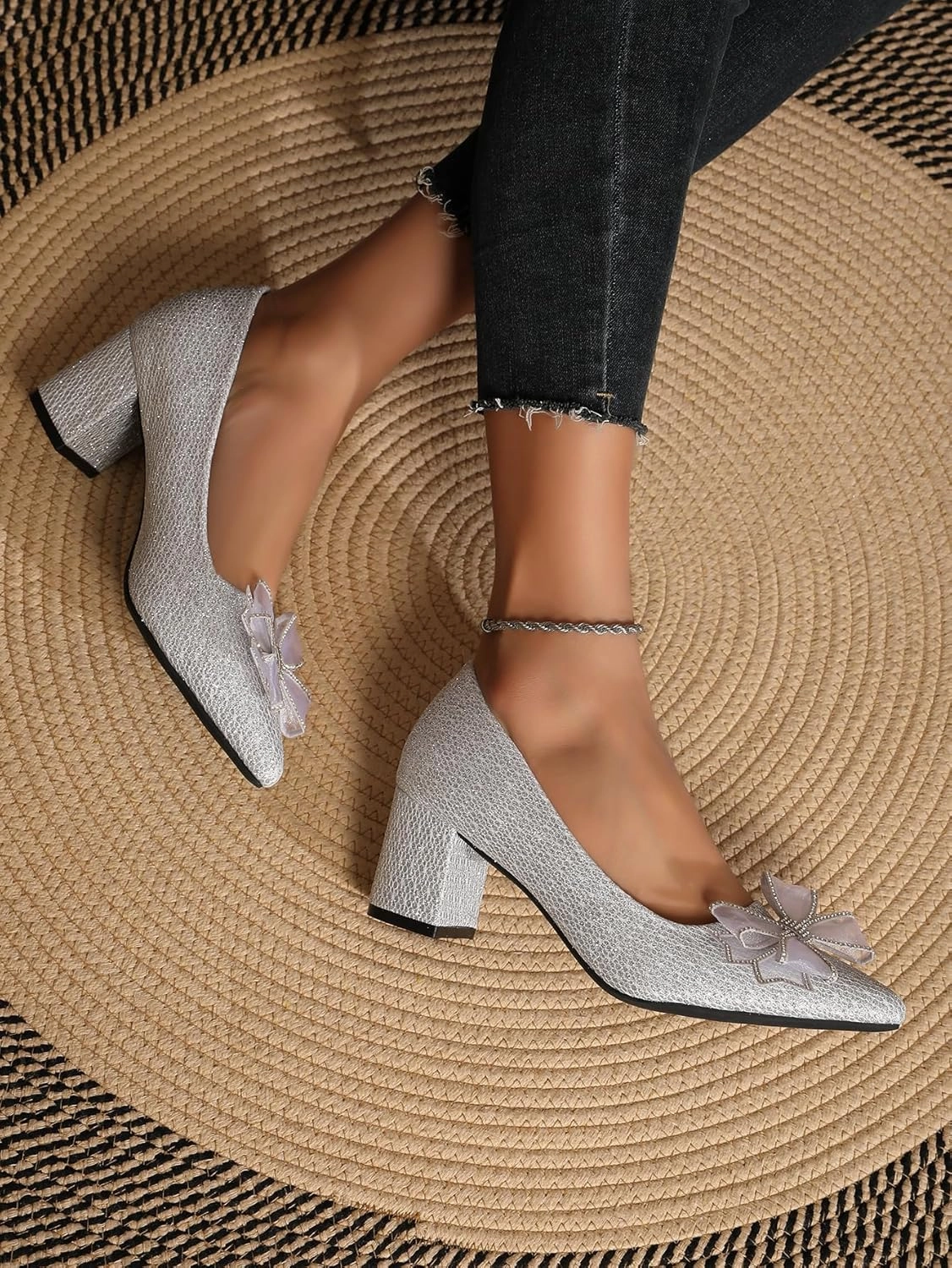 Women's Glitter Slip On Low Block Pumps Closed Pointed Toe Silver Gold Dress Chunky Heels with Bow for Woman Comfortable Wedding Prom Dating Pumps Shoes 2.36"