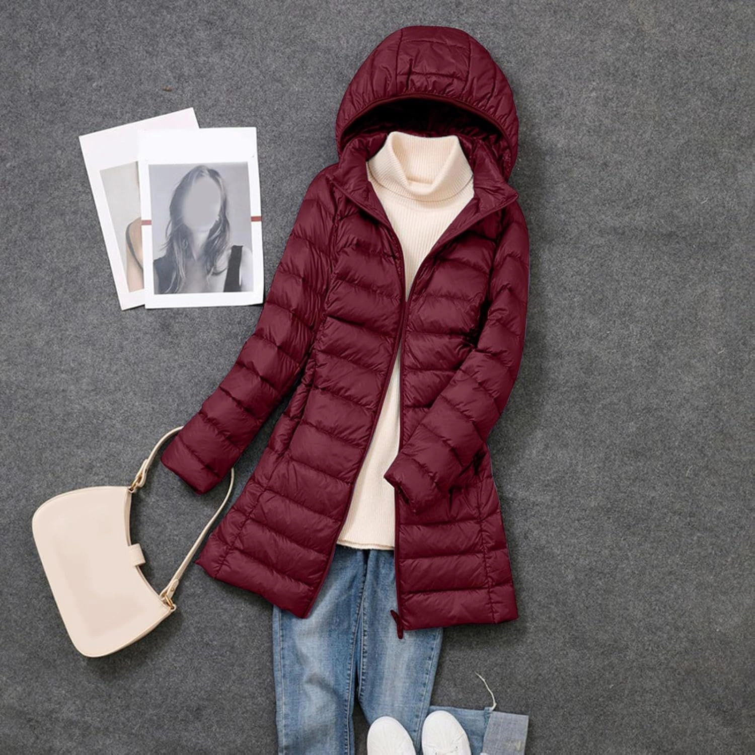 Women's Long Down Coat Packable Puffer Jacket Hooded Winter Ultra Light Quilted Winter Coat with Pocket Outerwear