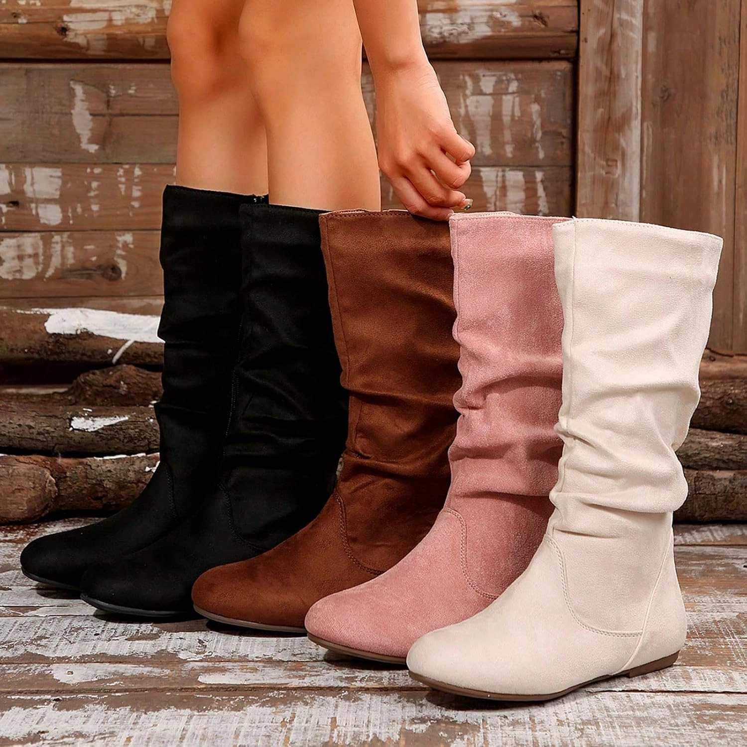 Women's Mid Calf Short Boots Round Toe Wedge Boots Suede Dress Shoes with Zipper Vintage Classic Zipper Boots