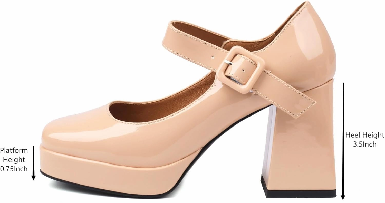 Women's Platform Chunky Heels Square Toe Block Heel Mary Janes Pumps Shoes