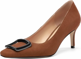 Women's Stiletto High Heel Square Toe Pumps, Sexy Party Closed Toe Classic Dress Heeled Shoes with Square Buckle 2.5in