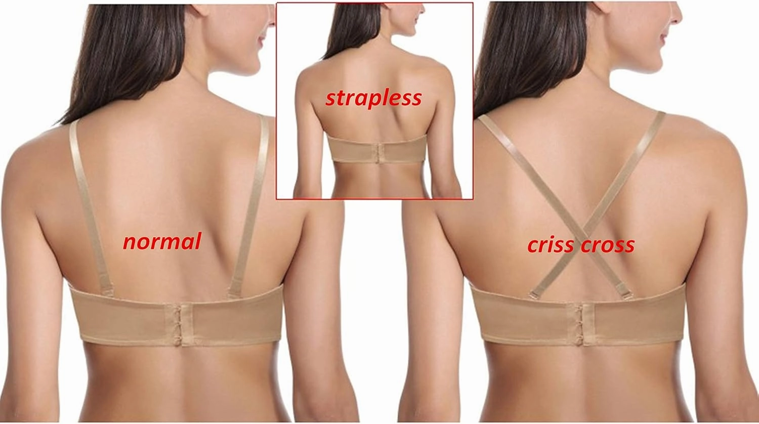 Women's Strapless Push Up Bra Underwired Thick Padded Low Cut T-Shirt Convertible Supportive Bras with Clear Straps