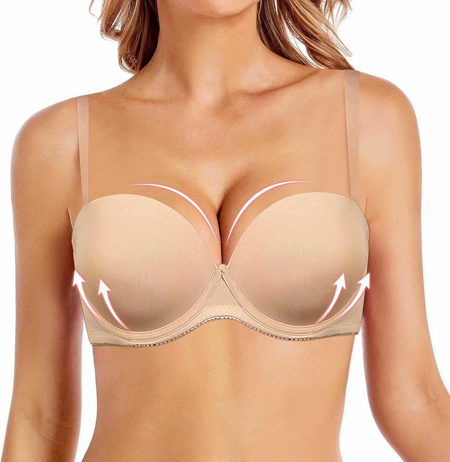 Women's Strapless Push Up Bra Underwired Thick Padded Low Cut T-Shirt Convertible Supportive Bras with Clear Straps