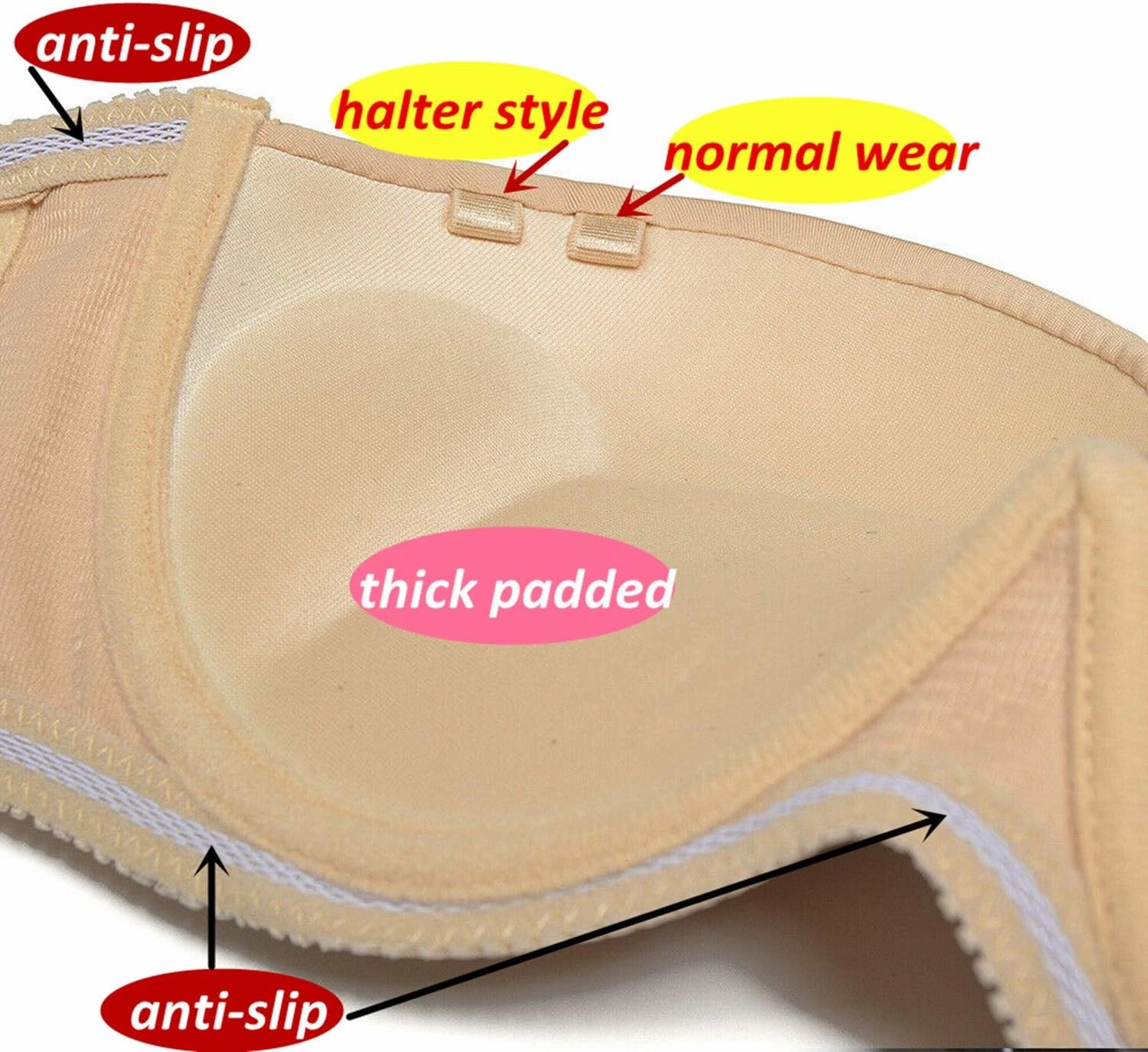 Women's Strapless Push Up Bra Underwired Thick Padded Low Cut T-Shirt Convertible Supportive Bras with Clear Straps