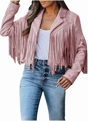 Women's Suede Fringe Jacket Trendy Long Sleeve Leather Coat Fashion Cropped Jacket Western Outfits with Tassel