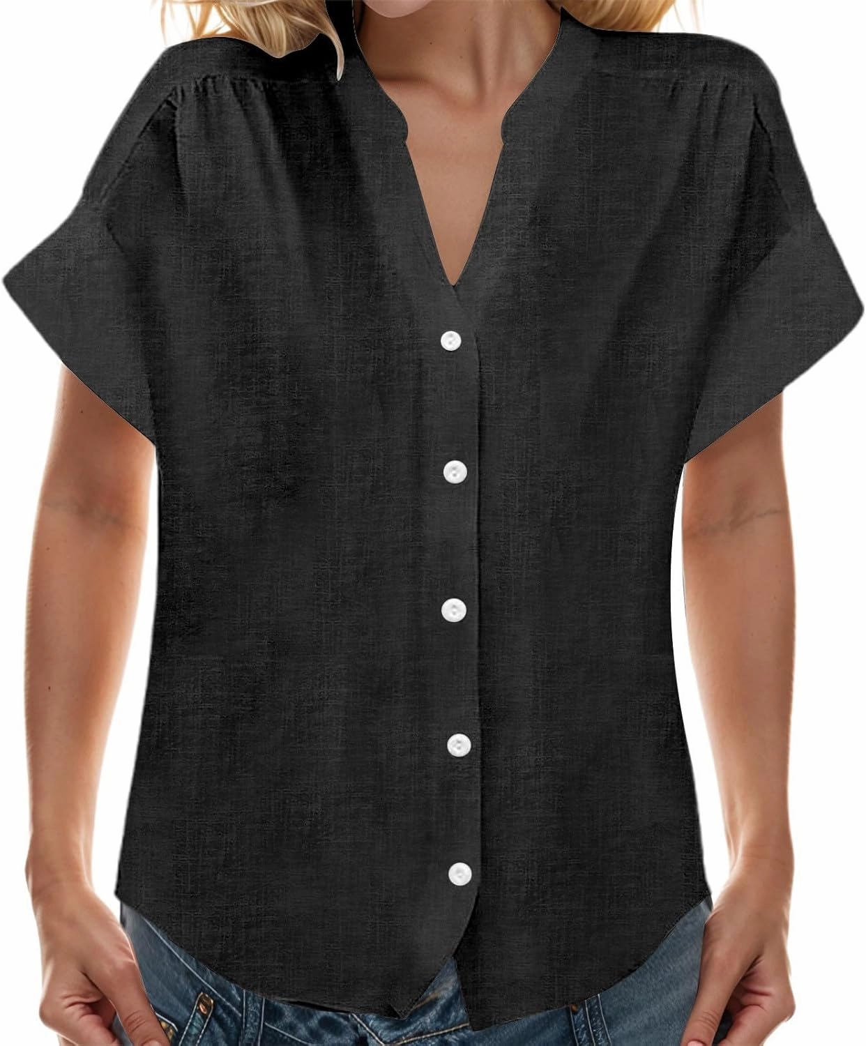 Women's Summer Casual T Shirts Short Sleeve Casual Button Down Shirts Soft Fashion Cotton Blouses Tops with Pocket