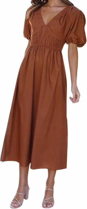 Women V Neck Waist High Waisted Solid Color Bubble Sleeve Dress