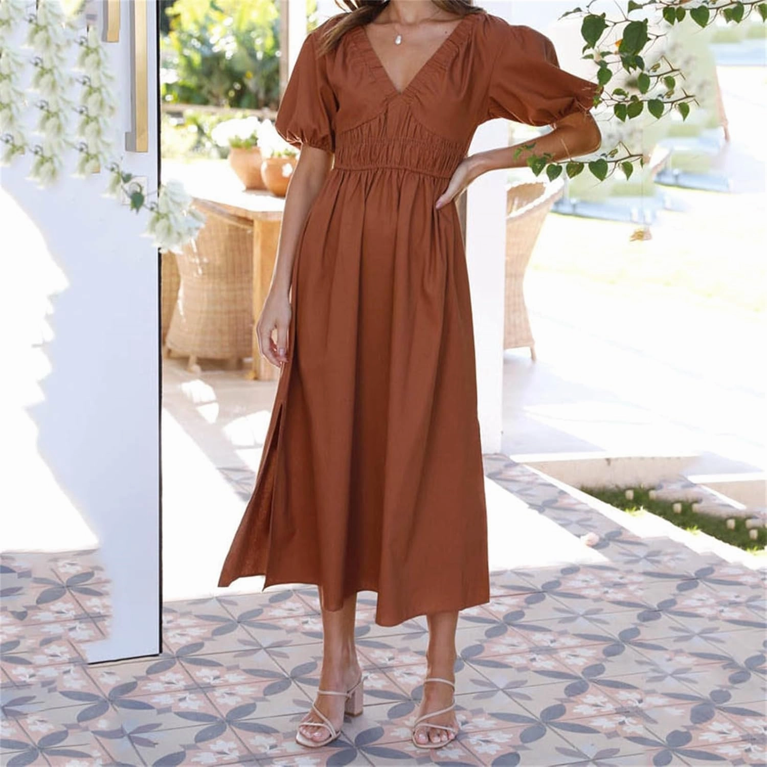 Women V Neck Waist High Waisted Solid Color Bubble Sleeve Dress