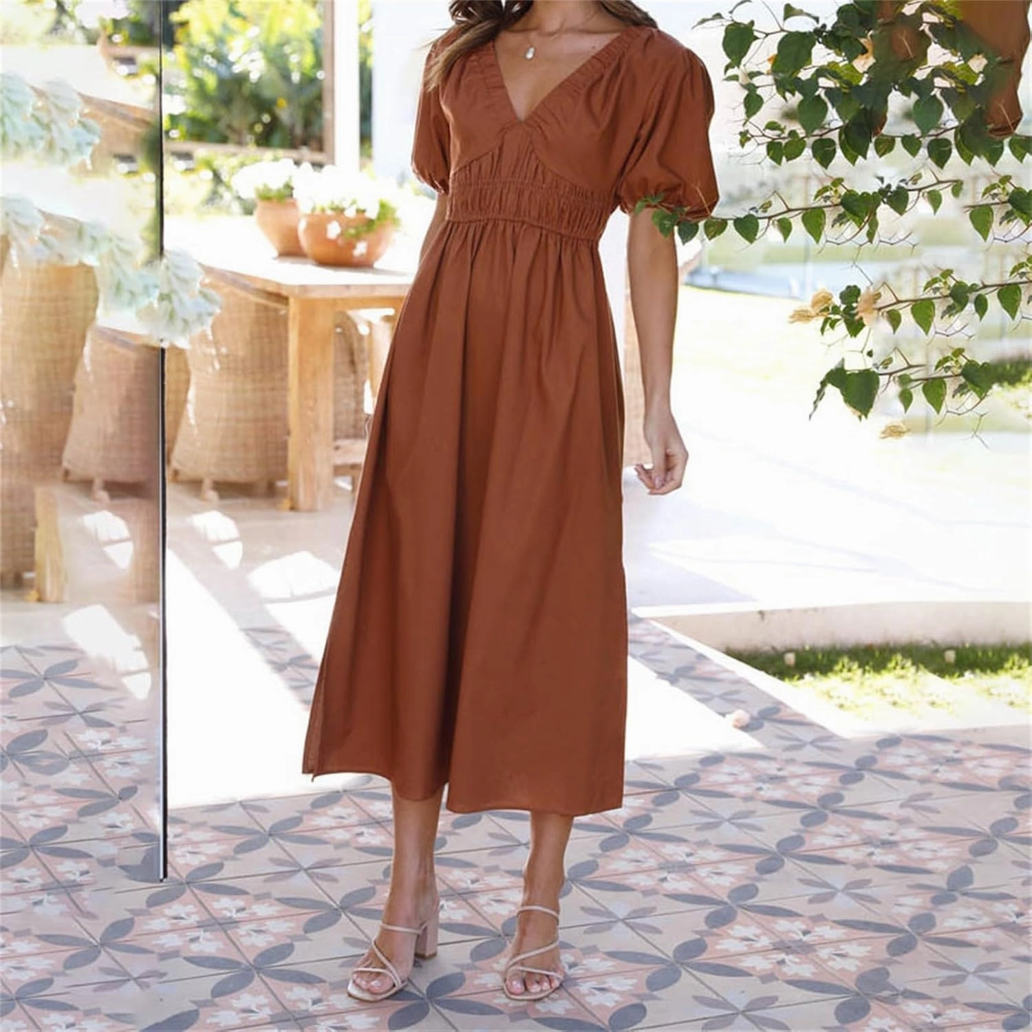 Women V Neck Waist High Waisted Solid Color Bubble Sleeve Dress