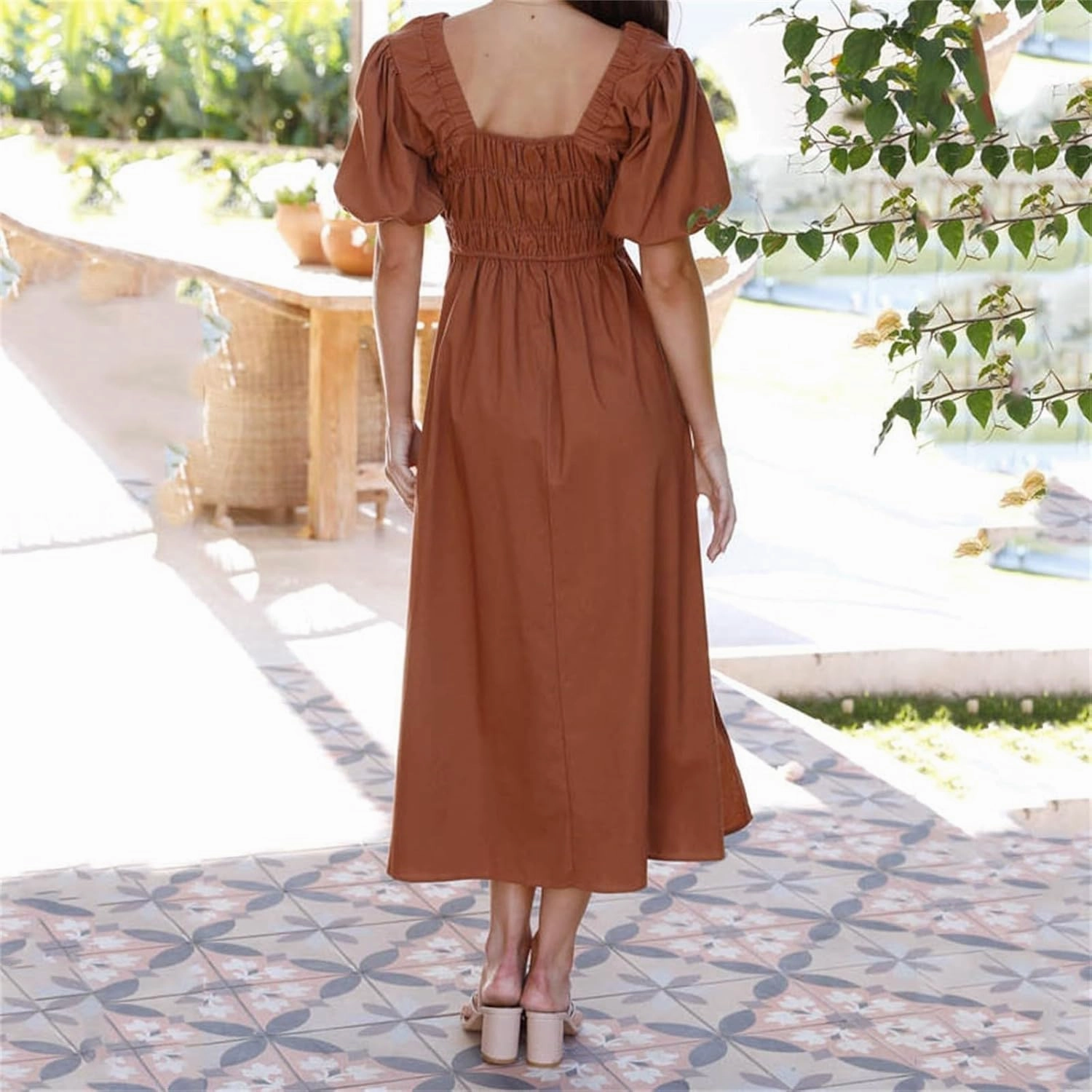 Women V Neck Waist High Waisted Solid Color Bubble Sleeve Dress