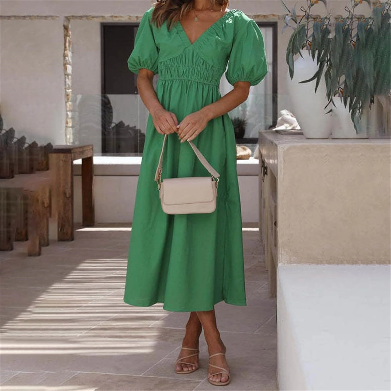 Women V Neck Waist High Waisted Solid Color Bubble Sleeve Dress
