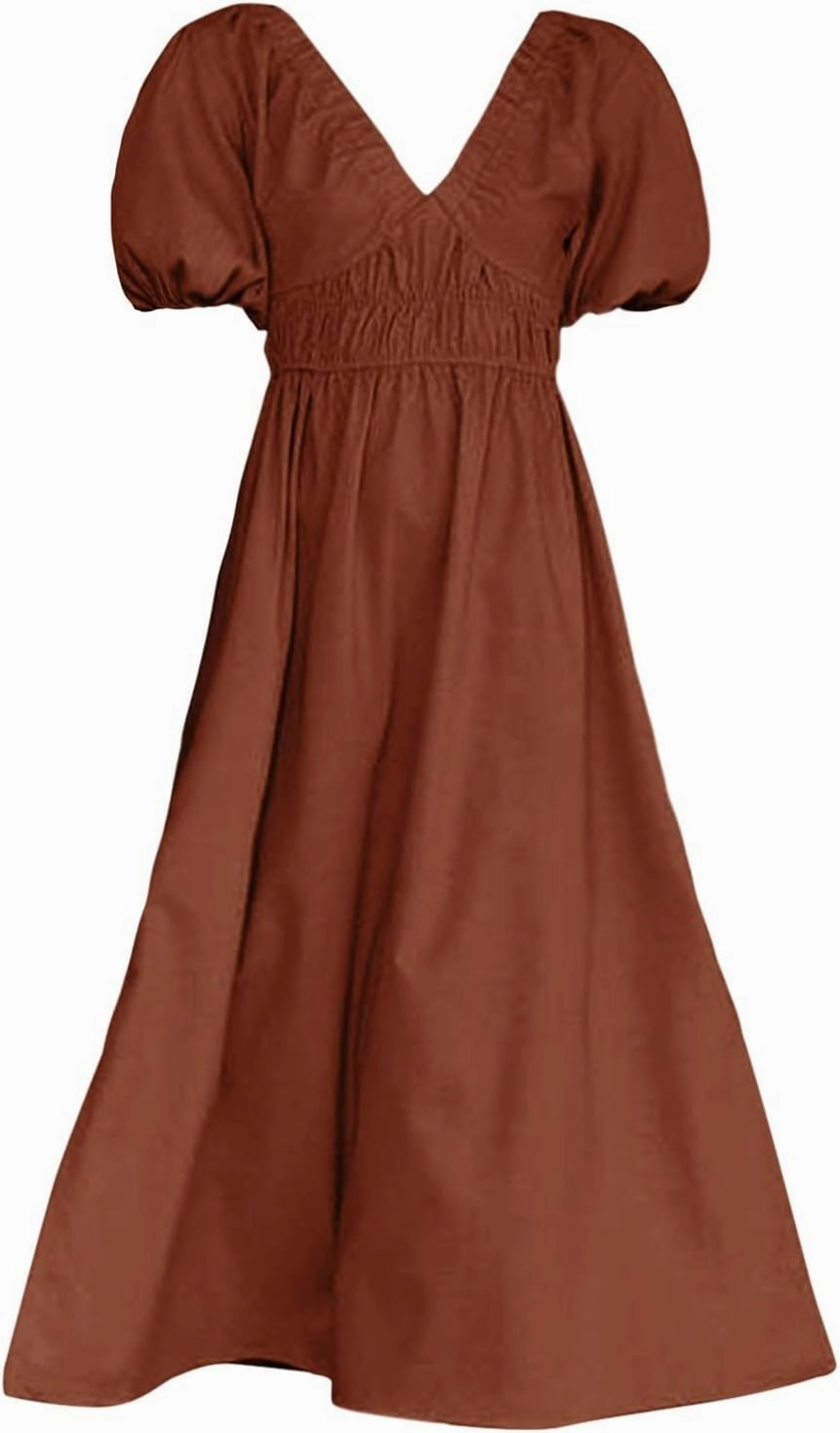 Women V Neck Waist High Waisted Solid Color Bubble Sleeve Dress