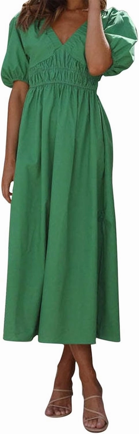 Women V Neck Waist High Waisted Solid Color Bubble Sleeve Dress