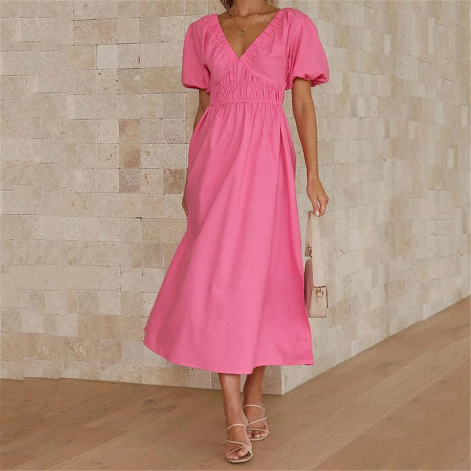 Women V Neck Waist High Waisted Solid Color Bubble Sleeve Dress