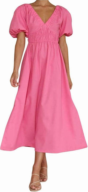Women V Neck Waist High Waisted Solid Color Bubble Sleeve Dress