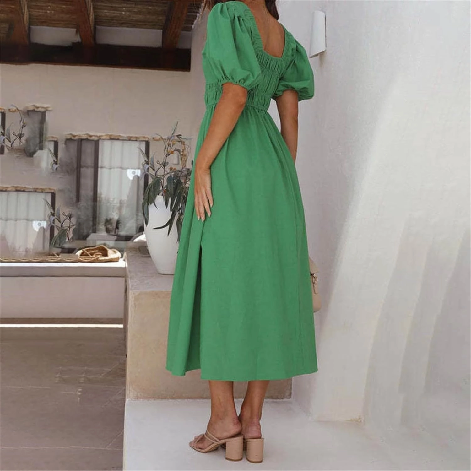Women V Neck Waist High Waisted Solid Color Bubble Sleeve Dress