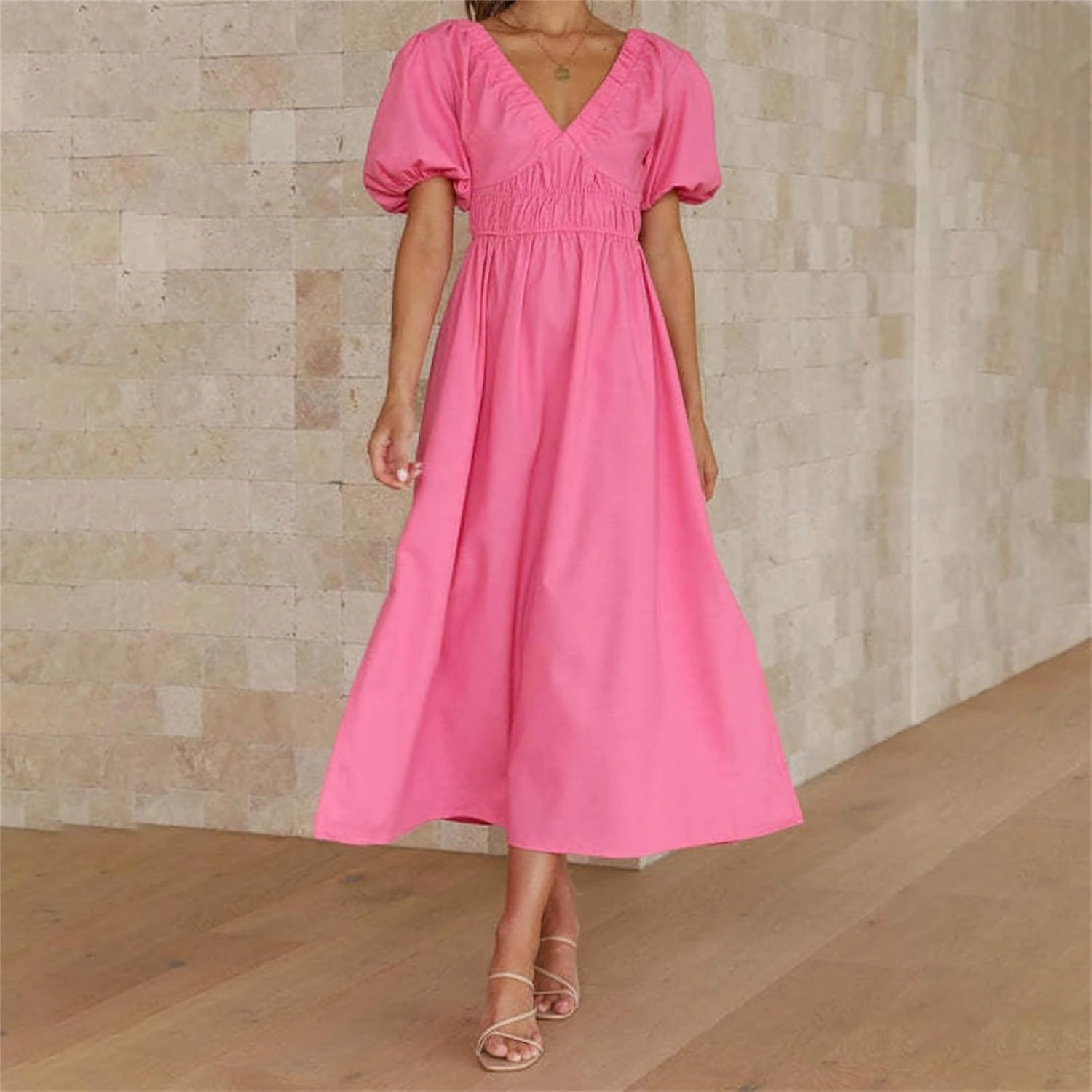 Women V Neck Waist High Waisted Solid Color Bubble Sleeve Dress