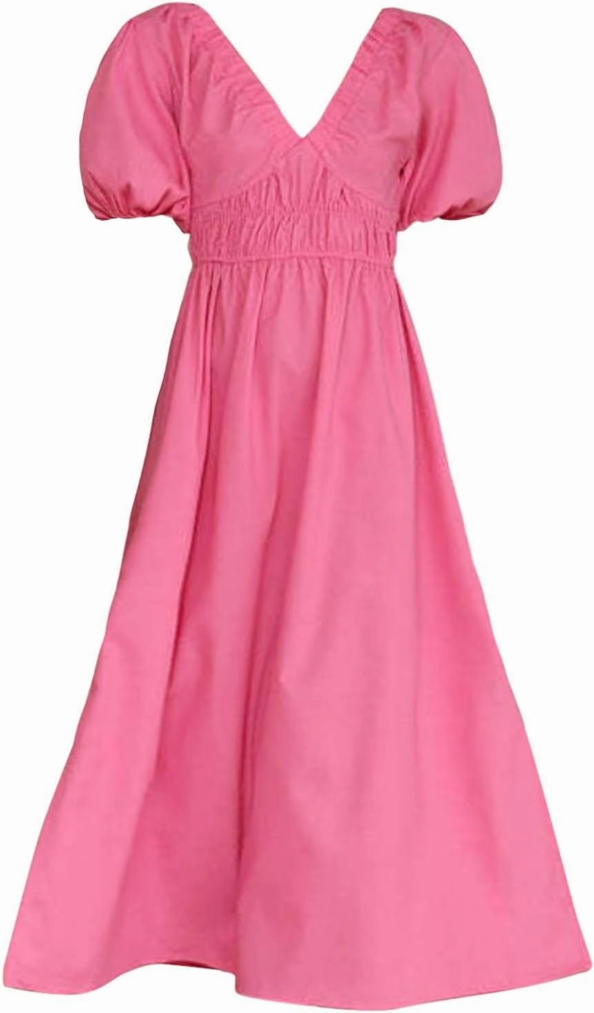 Women V Neck Waist High Waisted Solid Color Bubble Sleeve Dress