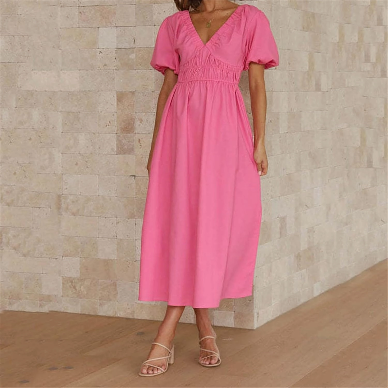 Women V Neck Waist High Waisted Solid Color Bubble Sleeve Dress