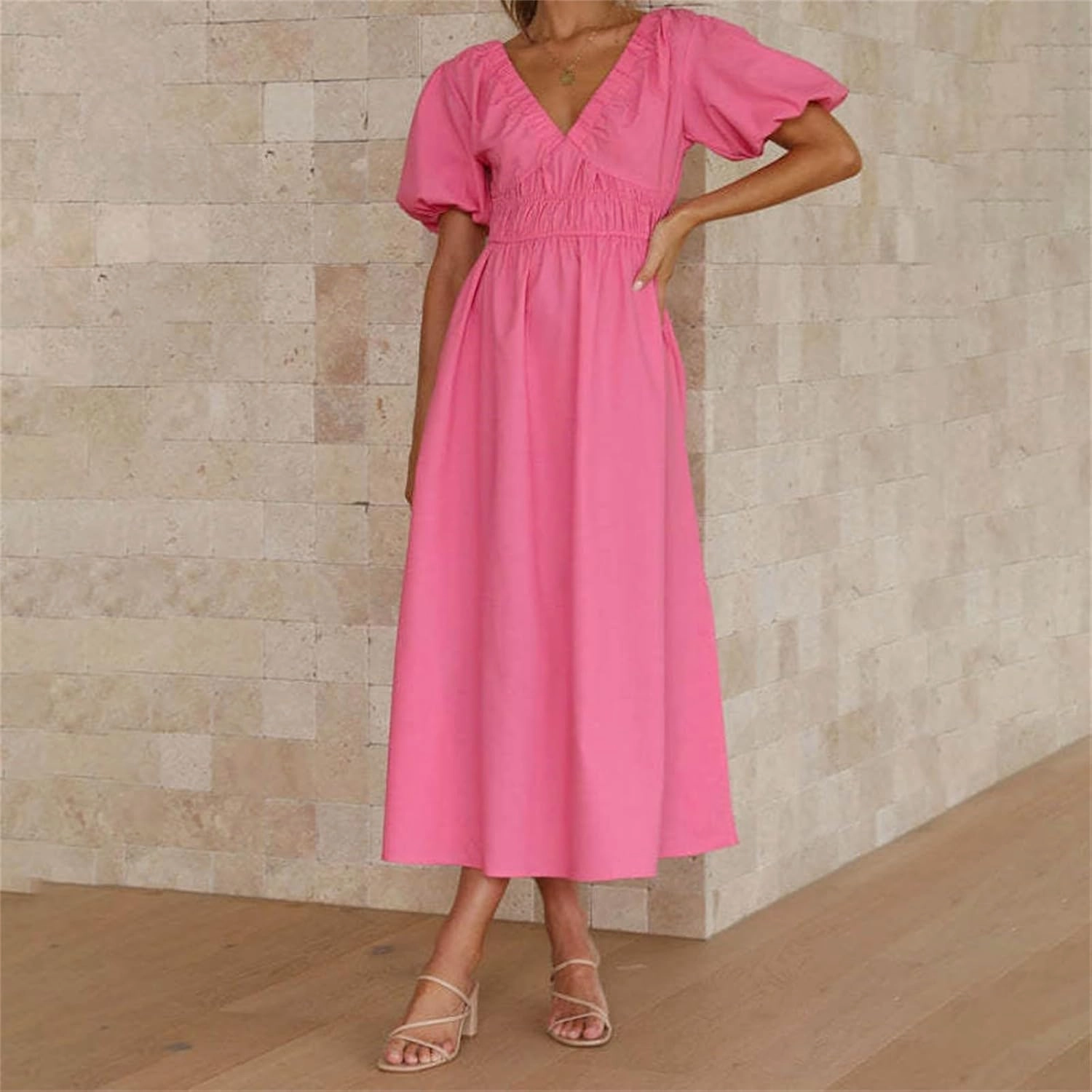 Women V Neck Waist High Waisted Solid Color Bubble Sleeve Dress