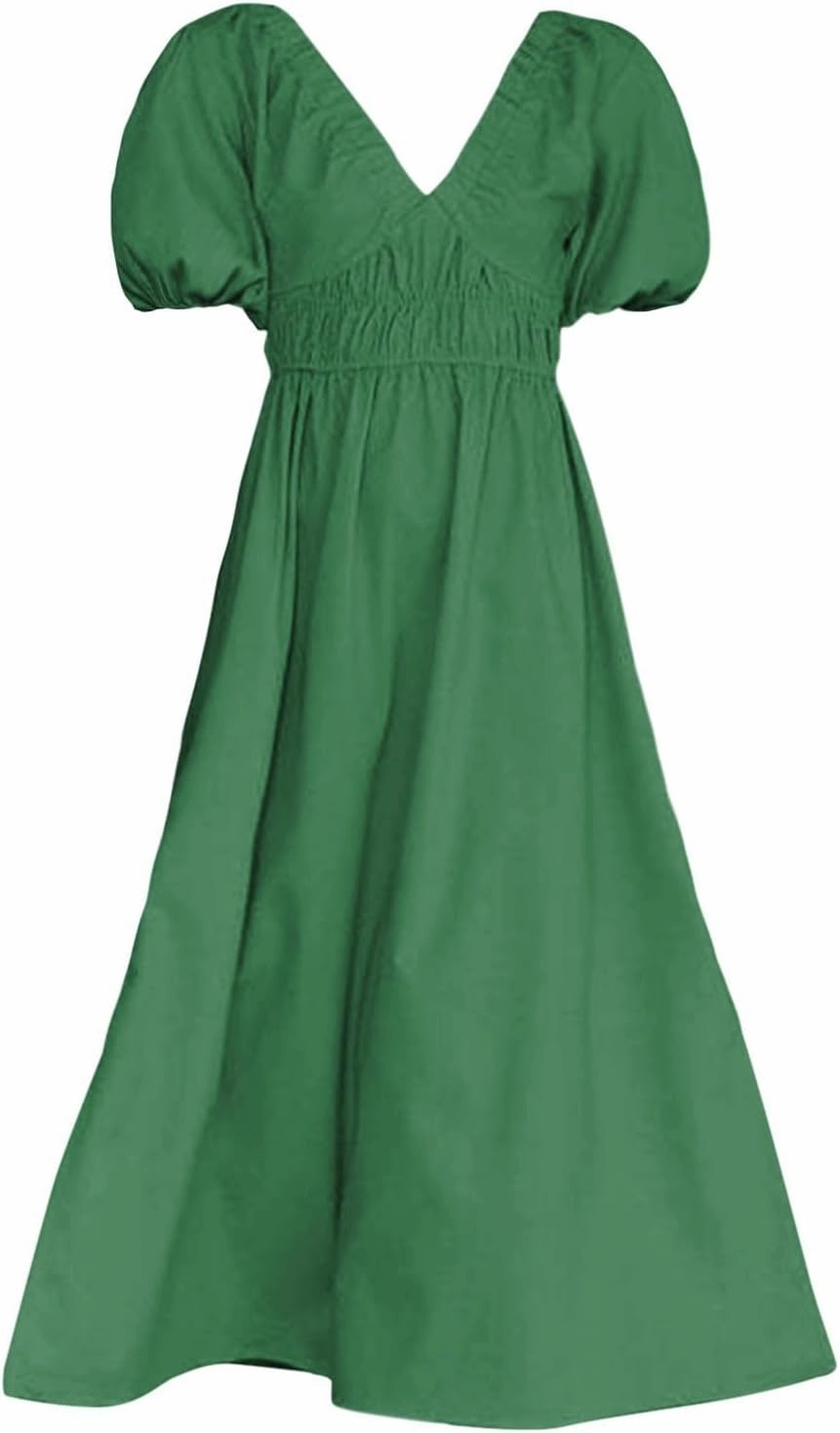 Women V Neck Waist High Waisted Solid Color Bubble Sleeve Dress