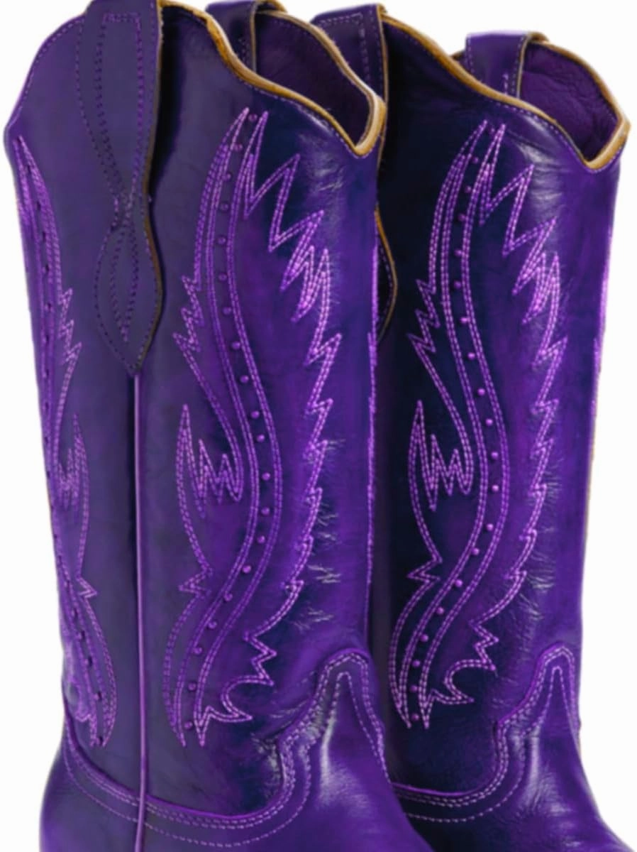 Women Vintage Embroidered Cowboy Boots Knee High Western Boots Chunky Stacked Heel Pointed Square Toe Mid Calf Cowgirl Boots Metallic Matte Pull On V Cut Fall Boot Exotic 4-11 M US