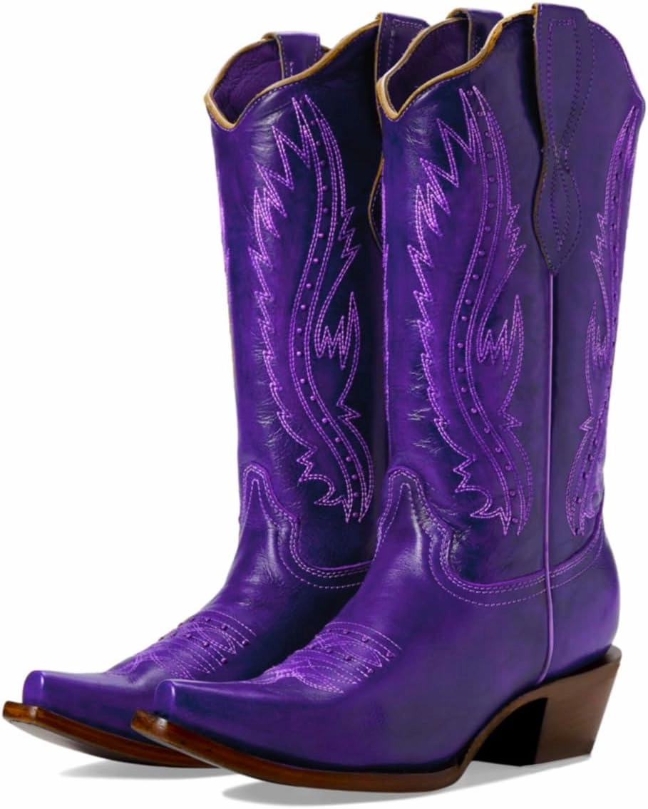 Women Vintage Embroidered Cowboy Boots Knee High Western Boots Chunky Stacked Heel Pointed Square Toe Mid Calf Cowgirl Boots Metallic Matte Pull On V Cut Fall Boot Exotic 4-11 M US