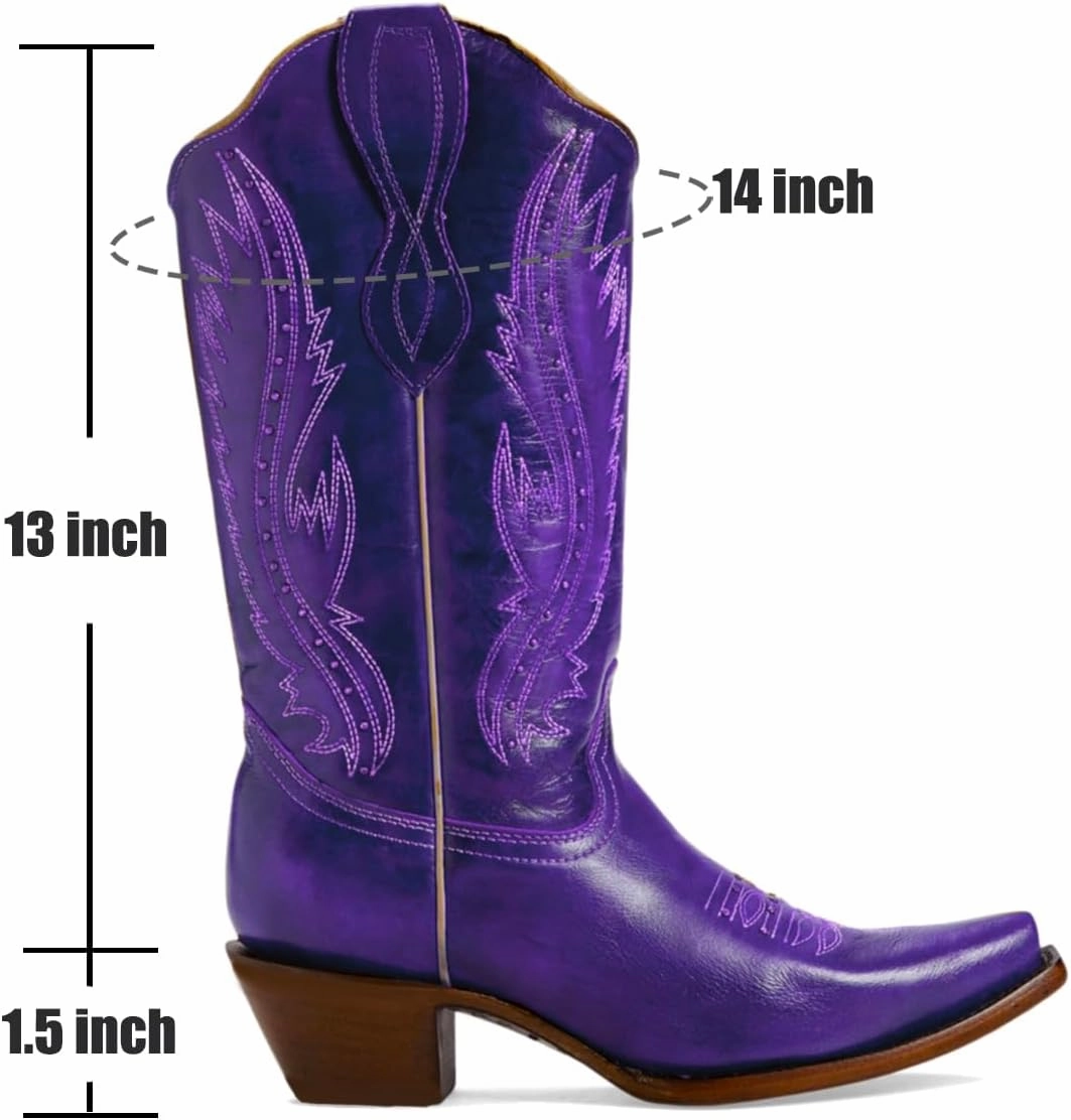 Women Vintage Embroidered Cowboy Boots Knee High Western Boots Chunky Stacked Heel Pointed Square Toe Mid Calf Cowgirl Boots Metallic Matte Pull On V Cut Fall Boot Exotic 4-11 M US