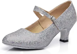 Women’s Ballroom Latin Dance Shoes, Glitter Leather Closed Toe Heels Shoes Cowhide Sole for Indoors