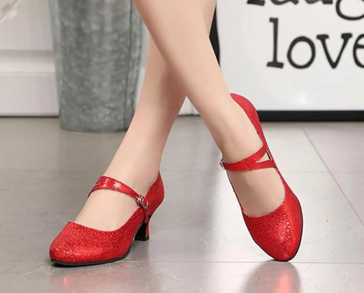 Women’s Ballroom Latin Dance Shoes, Glitter Leather Closed Toe Heels Shoes Cowhide Sole for Indoors
