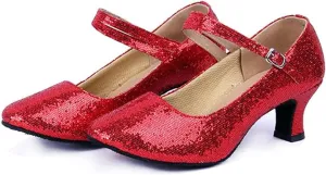 Women’s Ballroom Latin Dance Shoes, Glitter Leather Closed Toe Heels Shoes Cowhide Sole for Indoors