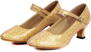 Women’s Ballroom Latin Dance Shoes, Glitter Leather Closed Toe Heels Shoes Cowhide Sole for Indoors