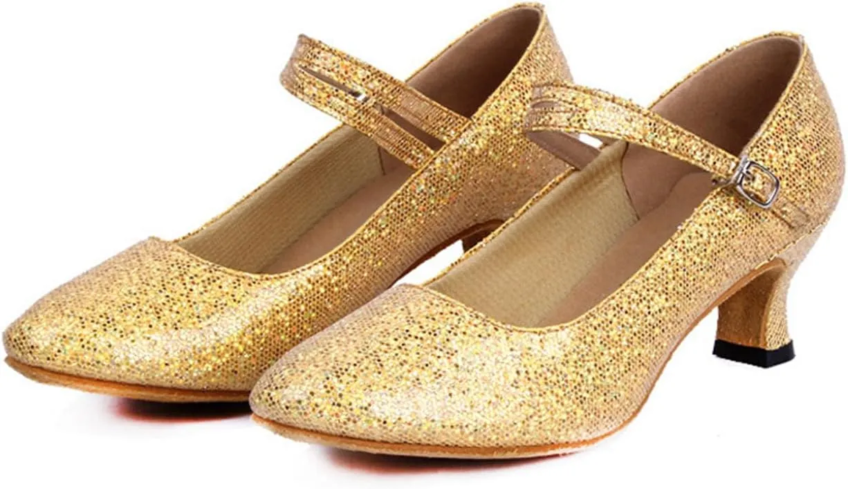 Women’s Ballroom Latin Dance Shoes, Glitter Leather Closed Toe Heels Shoes Cowhide Sole for Indoors