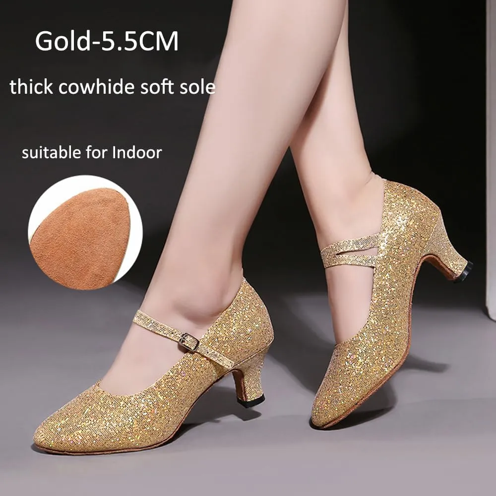 Women’s Ballroom Latin Dance Shoes, Glitter Leather Closed Toe Heels Shoes Cowhide Sole for Indoors
