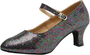Women’s Ballroom Latin Dance Shoes, Glitter Leather Closed Toe Heels Shoes Cowhide Sole for Indoors