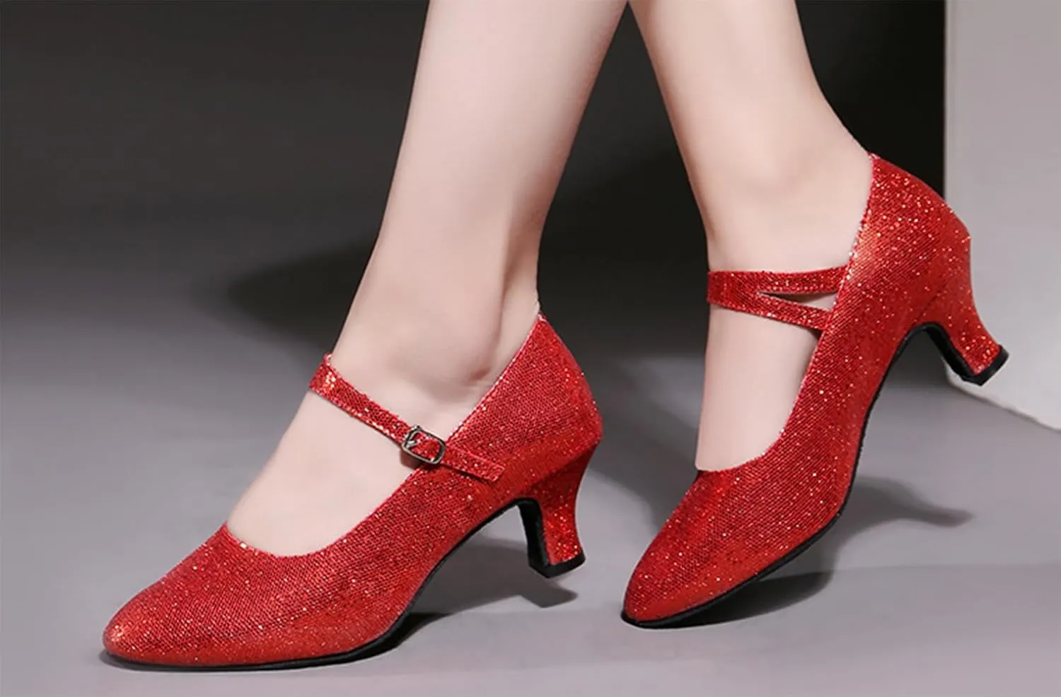 Women’s Ballroom Latin Dance Shoes, Glitter Leather Closed Toe Heels Shoes Cowhide Sole for Indoors