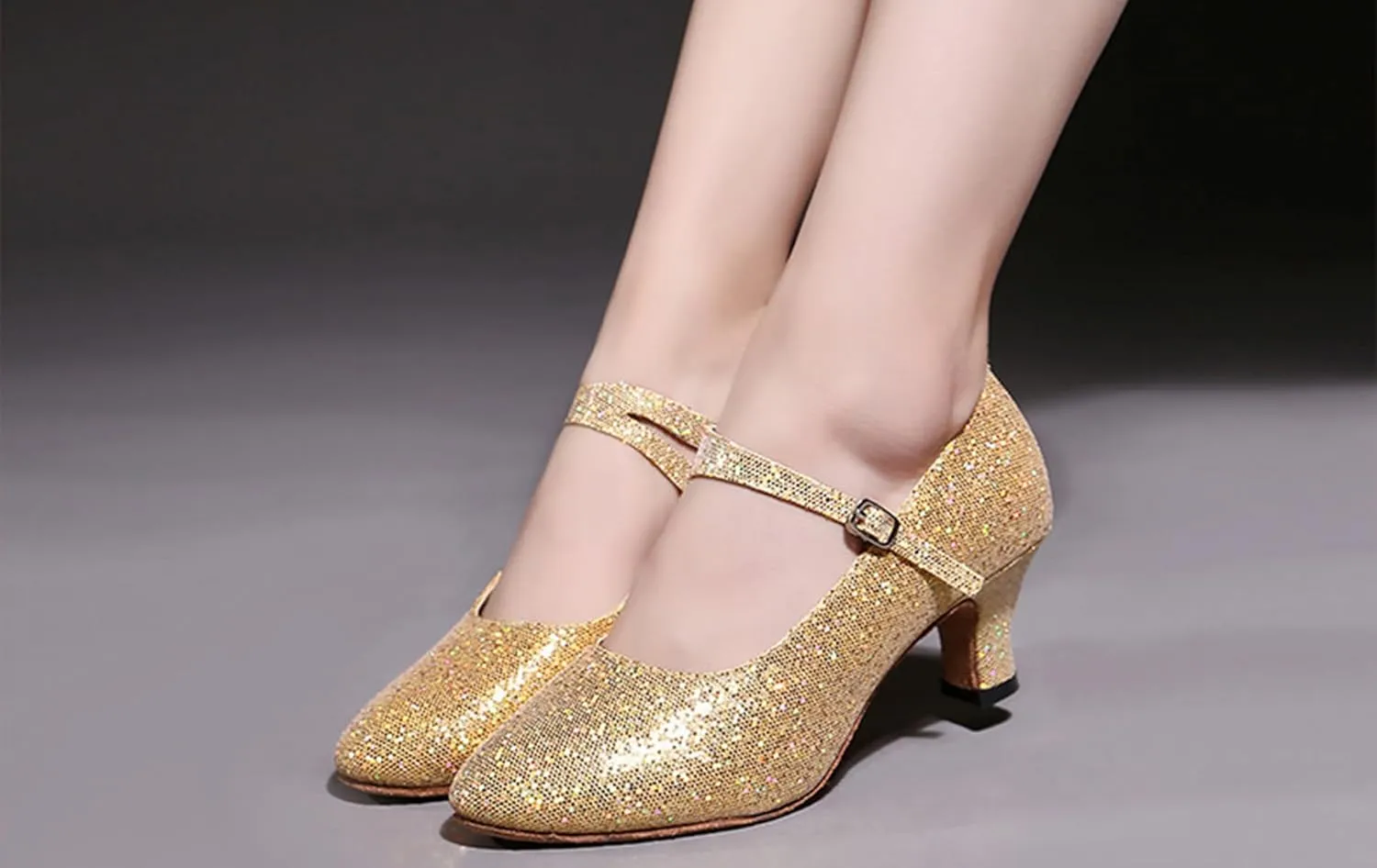 Women’s Ballroom Latin Dance Shoes, Glitter Leather Closed Toe Heels Shoes Cowhide Sole for Indoors