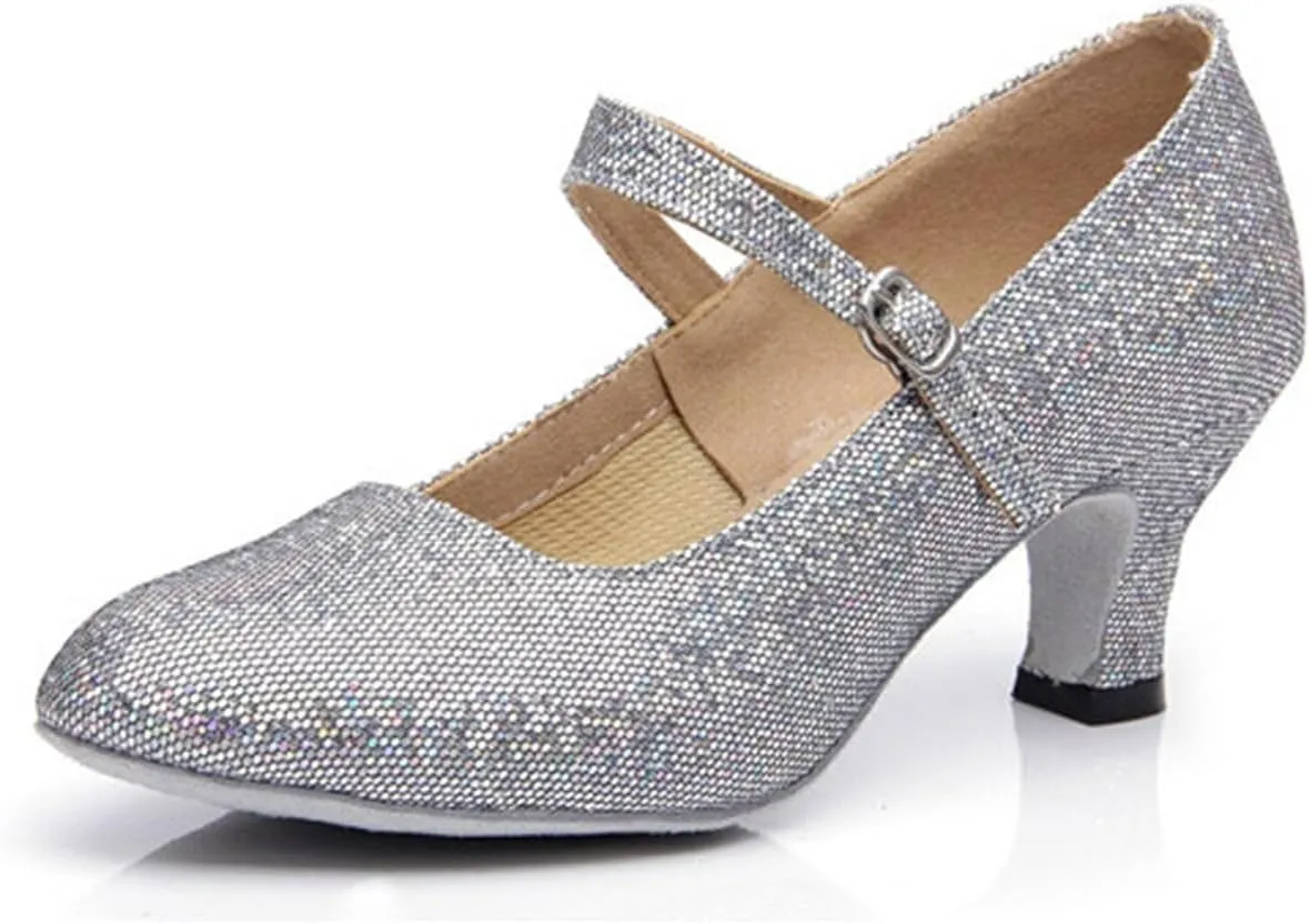 Women’s Ballroom Latin Dance Shoes, Glitter Leather Closed Toe Heels Shoes Cowhide Sole for Indoors