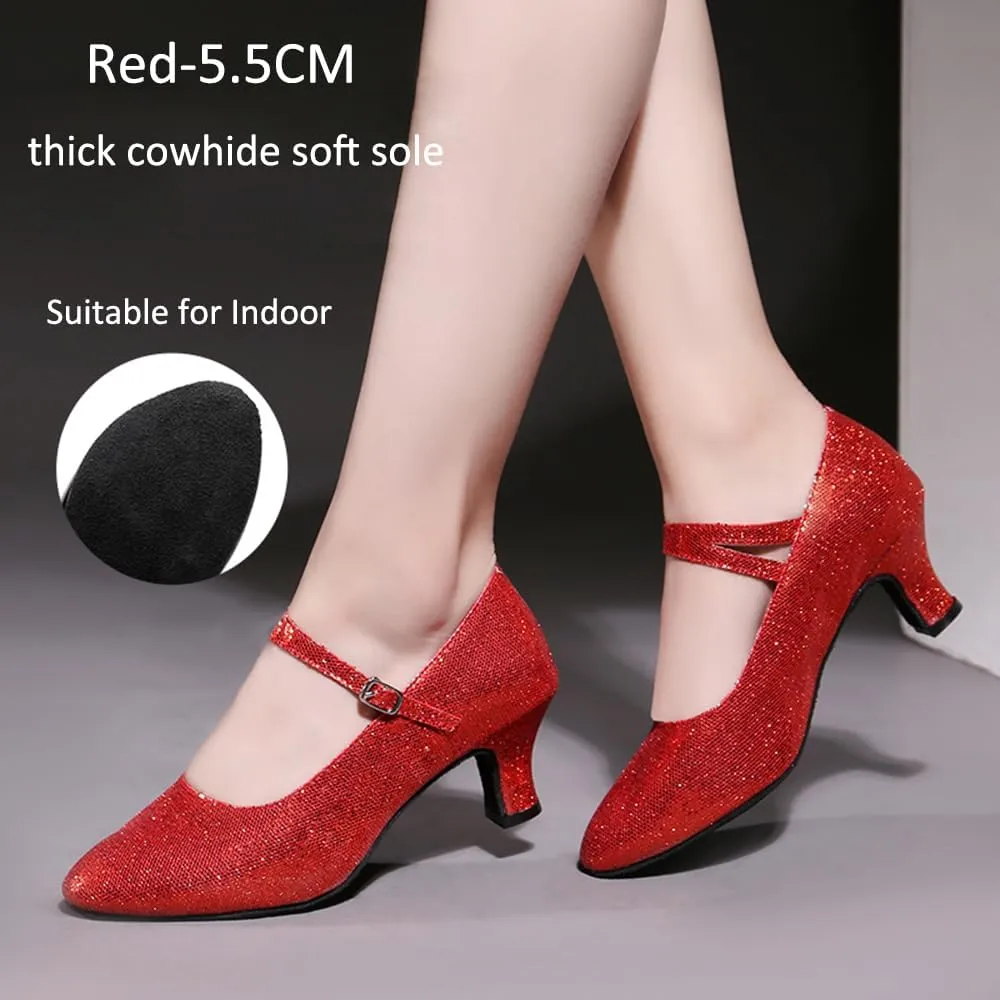 Women’s Ballroom Latin Dance Shoes, Glitter Leather Closed Toe Heels Shoes Cowhide Sole for Indoors