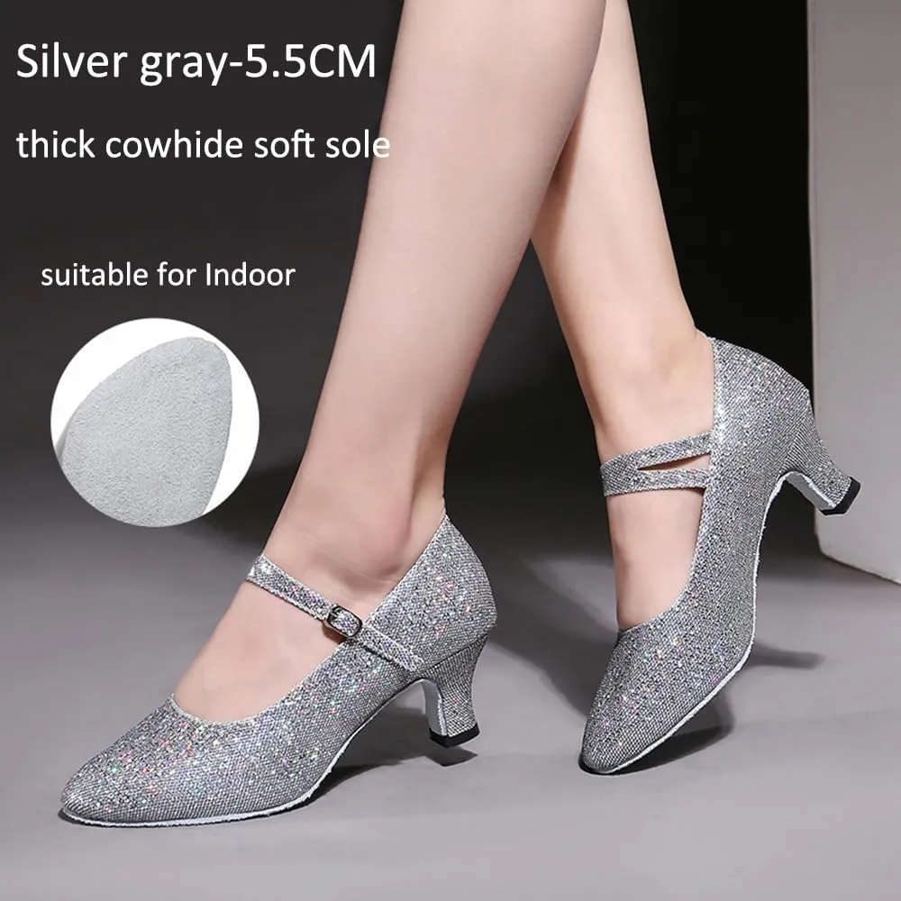 Women’s Ballroom Latin Dance Shoes, Glitter Leather Closed Toe Heels Shoes Cowhide Sole for Indoors